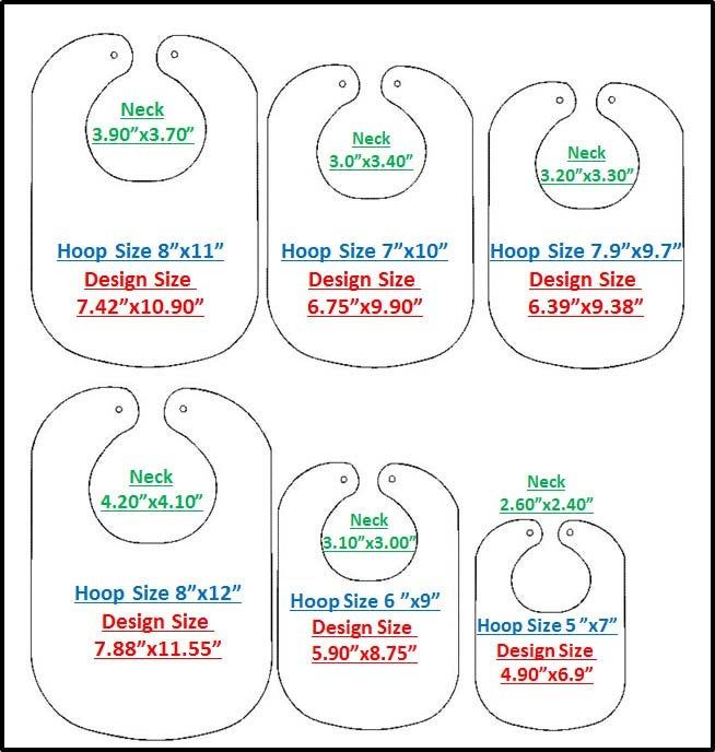 four baby bibs with measurements for each size