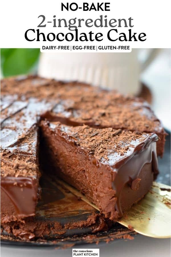 no - bake chocolate cake on a plate with one slice cut out