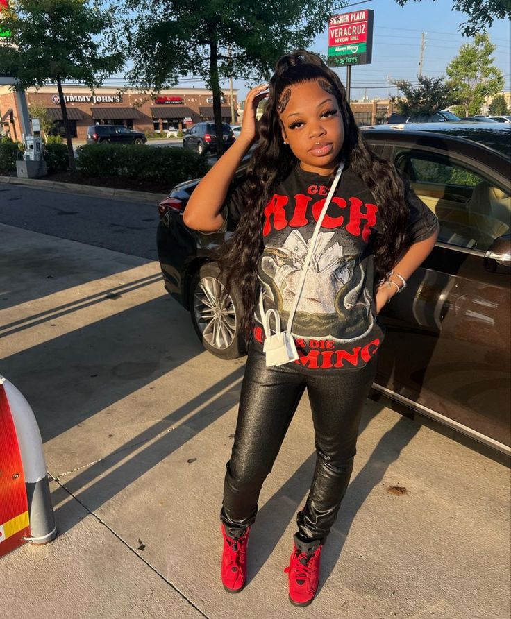 Red And Black Jordans Outfit, Cute 7th Grade Outfits, Bred Outfits, Red Flannel Outfit, 7th Grade Outfits, Girls Night Outfit, Outfits Baddie, Girls Streetwear, Prom Girl Dresses