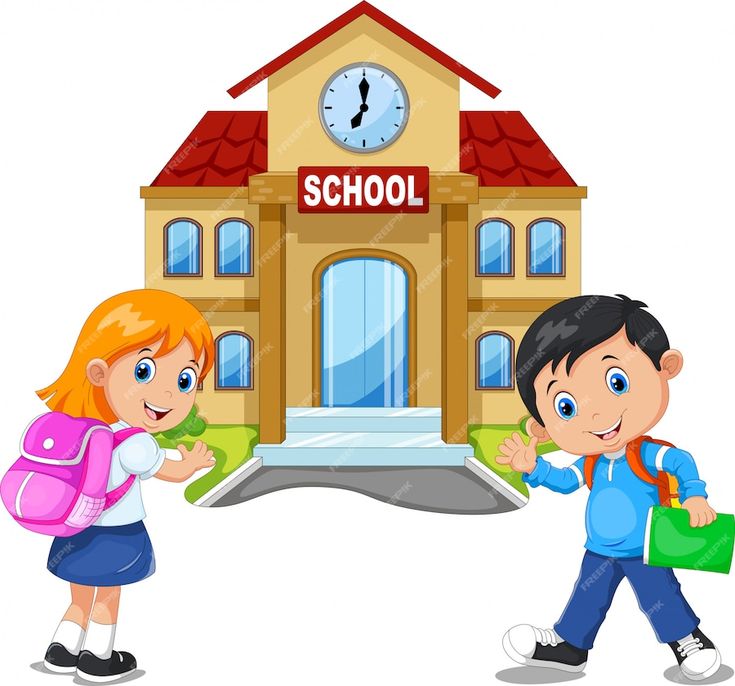 two kids in front of school building with clock