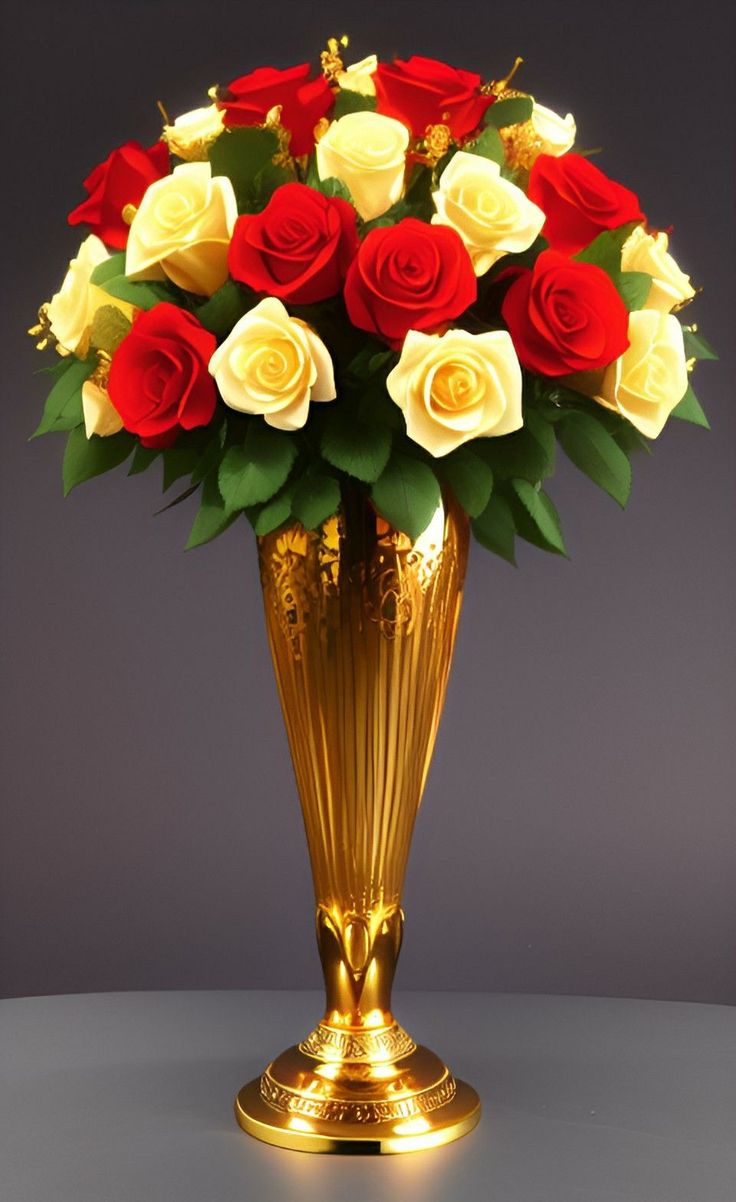 a gold vase filled with red and white roses