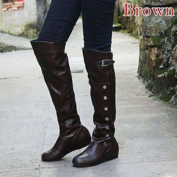 Boots Women Knee-high Boots Long Boots Leather Low Heel Shoes Woman Au – shoemehoney Brown Wedge Boots For Fall, Casual Faux Leather Wedge Boots With Round Toe, Casual Wedge Boots With Round Toe For Fall, Fall Casual Wedge Boots With Round Toe, Brown Round Toe Wedge Boots For Winter, Brown Faux Leather Wedge Boots With Round Toe, Brown Winter Wedge Boots With Round Toe, Casual Brown Mid-calf Boots With Round Toe, Wide Calf Martin Boots For Fall With Round Toe