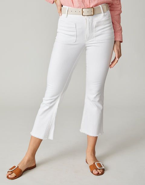 Juliette High Rise Jean Pearl White White Flare Jeans With Pockets For Fall, Fall Mid-rise Flare Jeans With Patch Pockets, White Mid-rise Jeans With Patch Pockets, Chic Flare Jeans With Pockets, Trendy Mid-rise Flare Jeans With Patch Pockets, Spring Flared Cropped Jeans With Pockets, Chic Mid-rise Jeans With Patch Pockets, Flared Cropped Jeans With Pockets, White Jeans With Patch Pockets