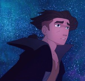 a young man standing in front of a sky filled with stars