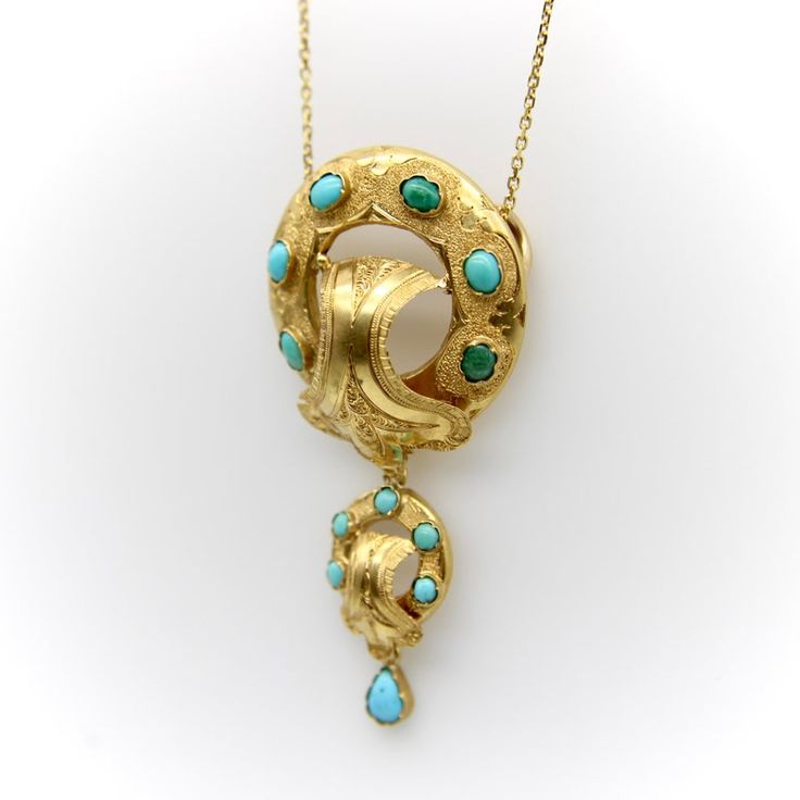 This is part of Chairish’s Fine Jewelry assortment.  This is a fantastic 14 karat gold and turquoise Etruscan Revival pendant necklace from the Victorian era. It features detailed hand engraved gold and fabulous turquoise cabochons with movement from dangling elements.  Etruscan Revival jewelry has a rich and interesting history. In the early 1800's there was a large excavation of Etruscan tombs outside of Rome. Within these tombs were pieces of original Etruscan jewelry. The Etruscans were master artisans; they created breathtaking pieces of jewelry through their use of gold wire and beading, colored gemstones, and glass. The news of the excavation of these tombs, and the treasures contained inside them, spread throughout Europe. Etruscan style jewelry captured the imagination of the publ Elegant Yellow Gold Turquoise Necklace With Cabochon, Elegant Yellow Gold Turquoise Cabochon Necklace, Heirloom Turquoise Cabochon Jewelry, Victorian Turquoise Pendant Jewelry, Victorian Hallmarked Turquoise Jewelry, Victorian Turquoise Hallmarked Jewelry, Gold Turquoise Pendant Necklace With Cabochon, Elegant Turquoise Pendant Necklace Collectible, Elegant Yellow Gold Turquoise Pendant Necklace