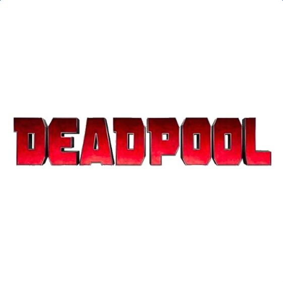 the title for deadpool is shown in red letters