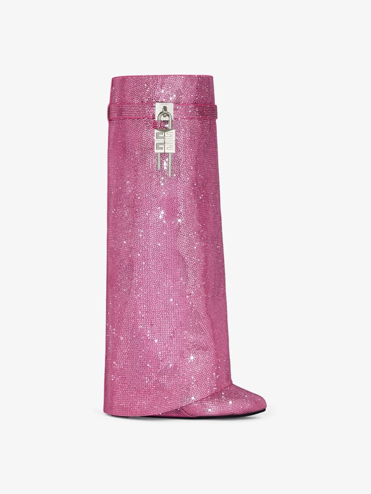 Shark Lock boots in satin with strass - neon pink | Givenchy US Shark Lock Boots, Givenchy Shark, Almond Toe Boots, Givenchy Boots, Pink Shark, Boots Wide, Mode Zara, Dr Shoes, Pink Boots