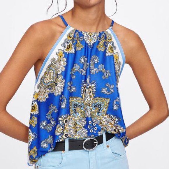 Zara Scarf/Bandana Top - Orange With Turquoise Details, Sleeveless Chic Printed Sleeveless Halter Top, Sleeveless Halter Top For Beach In Summer, Summer Beach Halter Top, Sleeveless Halter Top For Summer Beach, Stretch Sleeveless Blouse Camisole For Beach, Stretch Halter Top For Summer, Stretch Sleeveless Summer Halter Blouse, Stretch Sleeveless Halter Top For Summer, Stretch Sleeveless Blouse Halter Top For Summer