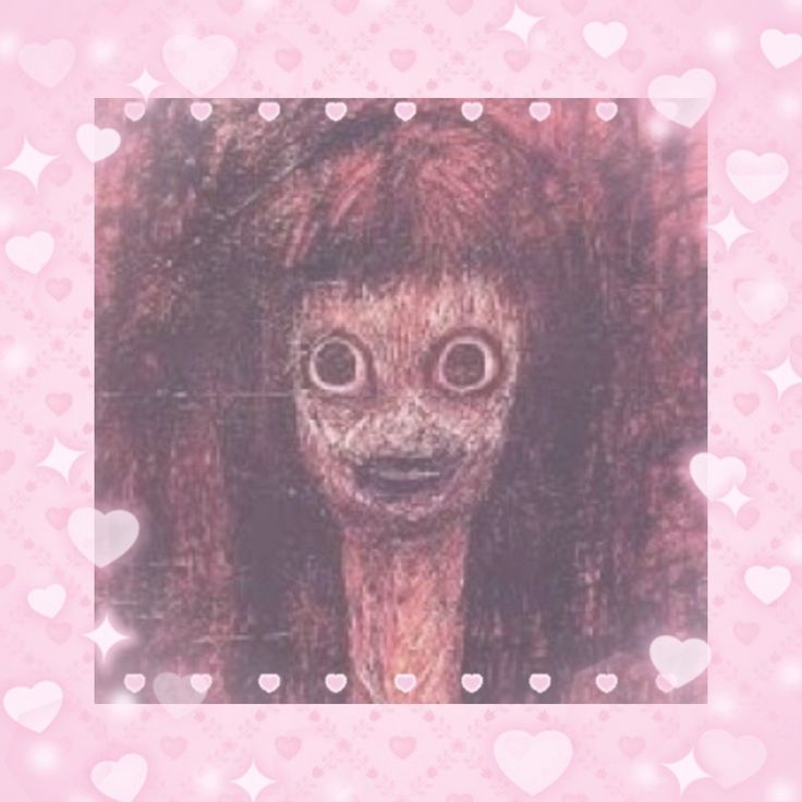 an image of a creepy doll with hearts in the background