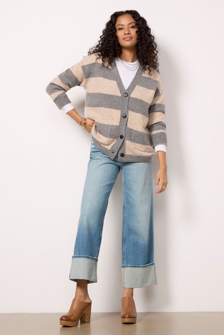 Cozy up to this stylish striped cardigan by John + Jenn. Knit with a hint of soft superfine wool, this button-front sweater features a v-neckline, ribbed trim, and front patch pockets—perfect for your fall wardrobe. Shoe Size Conversion, Striped Cardigan, Sweater Making, Large Bust, Fall Wardrobe, Small Bust, Patch Pocket, Poppies, Long Sleeve Tops