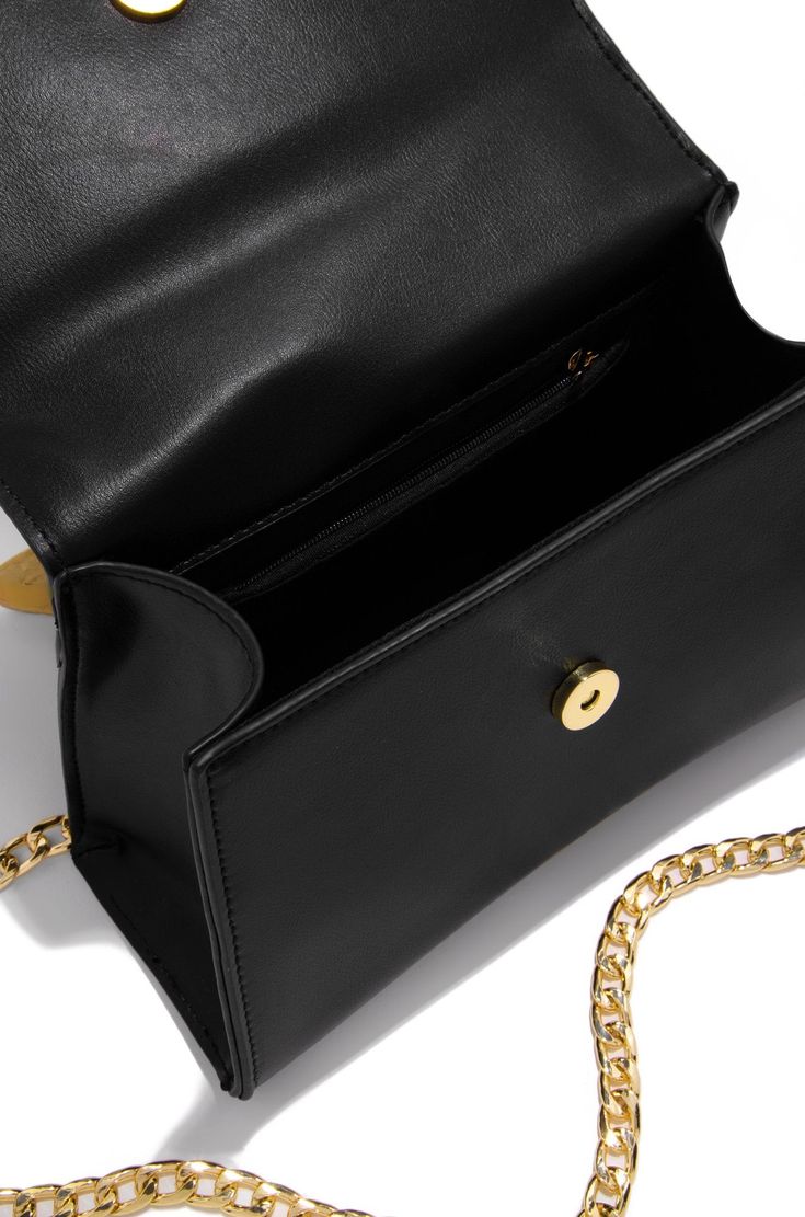 MEASUREMENTS BAG MEASUREMENT: 9"L X 3.75"W X 6"H GOLD-TONE CHAIN SHOULDER MEASUREMENT: 48.75" PRODUCT DETAILS LARGE GOLD-TONE CHAIN LINK DETACHABLE GOLD-TONE SHOULDER CHAIN MAGNETIC CLOSURE INTERIOR ZIPPER POCKET FULL INTERIOR LINING BLACK BAG Gold Crossbody Baguette Bag For Evening, Gold Baguette Bag With Detachable Strap, Gold Top Handle Baguette Bag For Daily Use, Gold Pouch Flap Bag For Evening, Gold Shoulder Flap Bag For Evening, Gold Baguette Bag With Top Handle And Gold-tone Hardware, Gold Flap Shoulder Bag For Evening, Gold Flap Bag With Gold-tone Hardware For Evening, Office Pouch Box Bag With Gold-tone Hardware