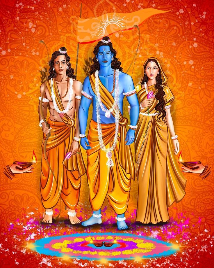 the three avatars of hindu deities in front of an orange background