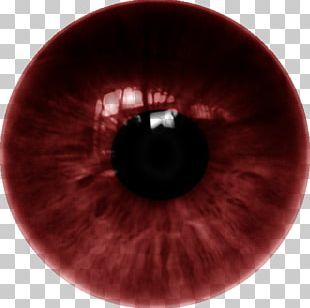 an eyeball with red and black colors on the iris, looking down at it