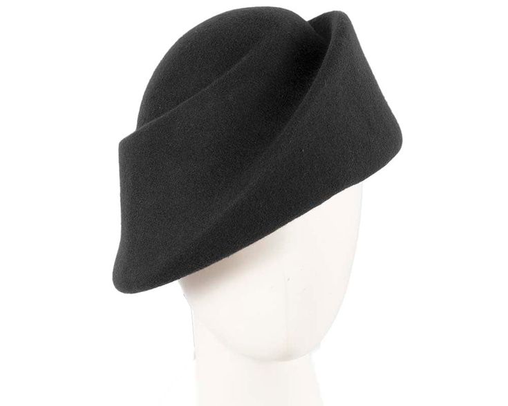 This beautiful black ladies fashion hat from Max Alexander winter fashion collection features unusual elegant shape and is made from pure wool felt. Buy ladies hats on-line in Australia and SAVE! Formal Wool Felt Hat For Winter, Formal Winter Mini Hat With Curved Brim, Formal Curved Brim Mini Hat For Winter, Black Wool Felt Hat For Winter, Winter Evening Fedora Felt Hat, Formal Black Wool Hat, Winter Party Wool Cloche Hat, Winter Evening Brimmed Mini Hats, Elegant Mini Hats For Formal Occasions In Fall