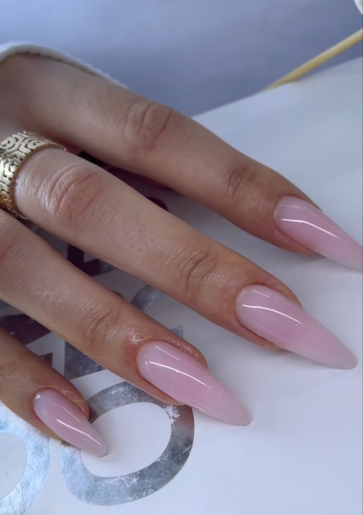 Gel X Nails Long Almond, Birthday Nails Classy Almond Pink, Medium Long Almond Acrylic Nails, Pointed Almond Nails Long, Long Almondetto Nails, Almond Stilleto Nails Designs, Light Pink Almond Nails Long, Acrylic Nails Almond Pastel, Pink Clear Almond Nails