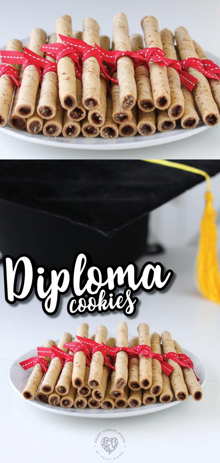 diploma cookies on a plate with graduation cap and tassels in the back ground