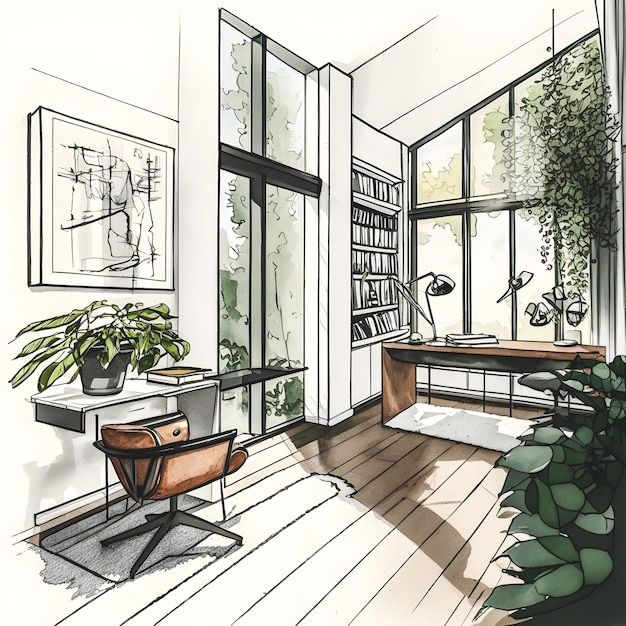 a drawing of a living room with plants in the window sill and a desk