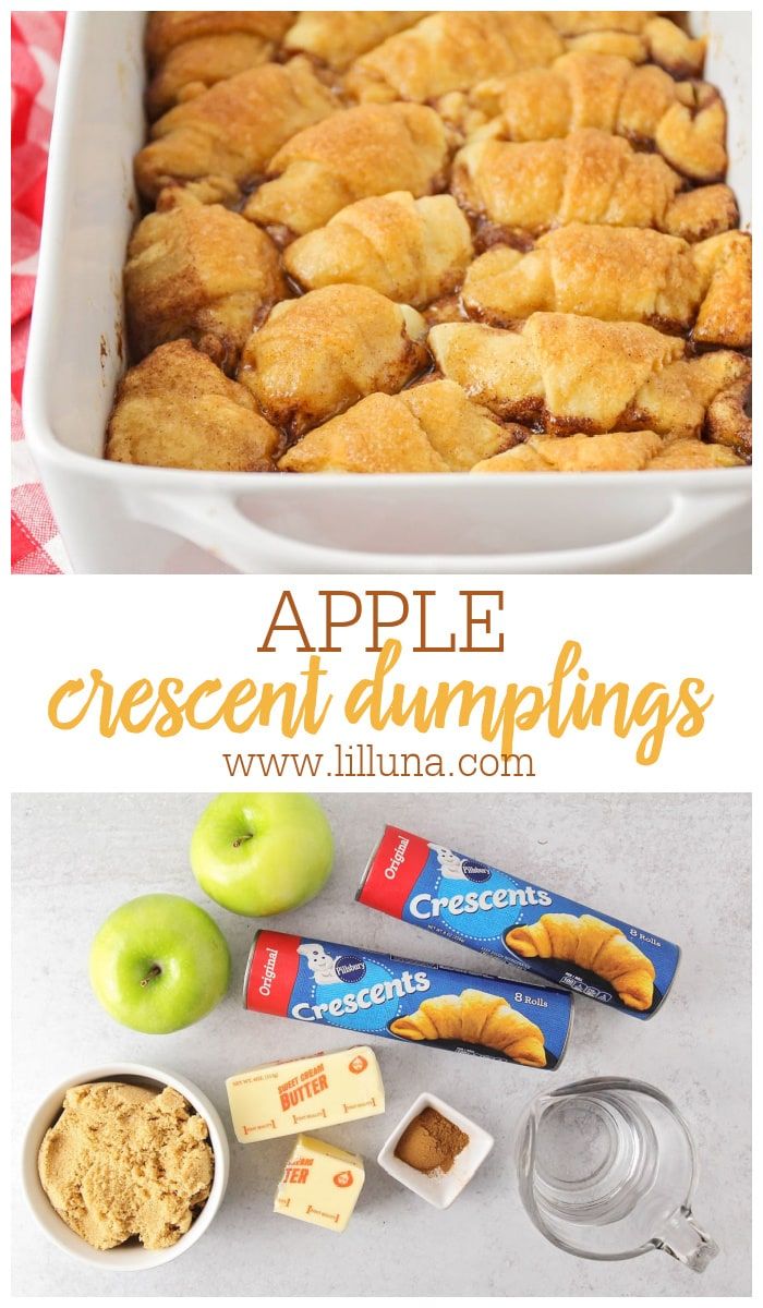 apple dessert dumplings in a white baking dish with apples and cinnamon on the side