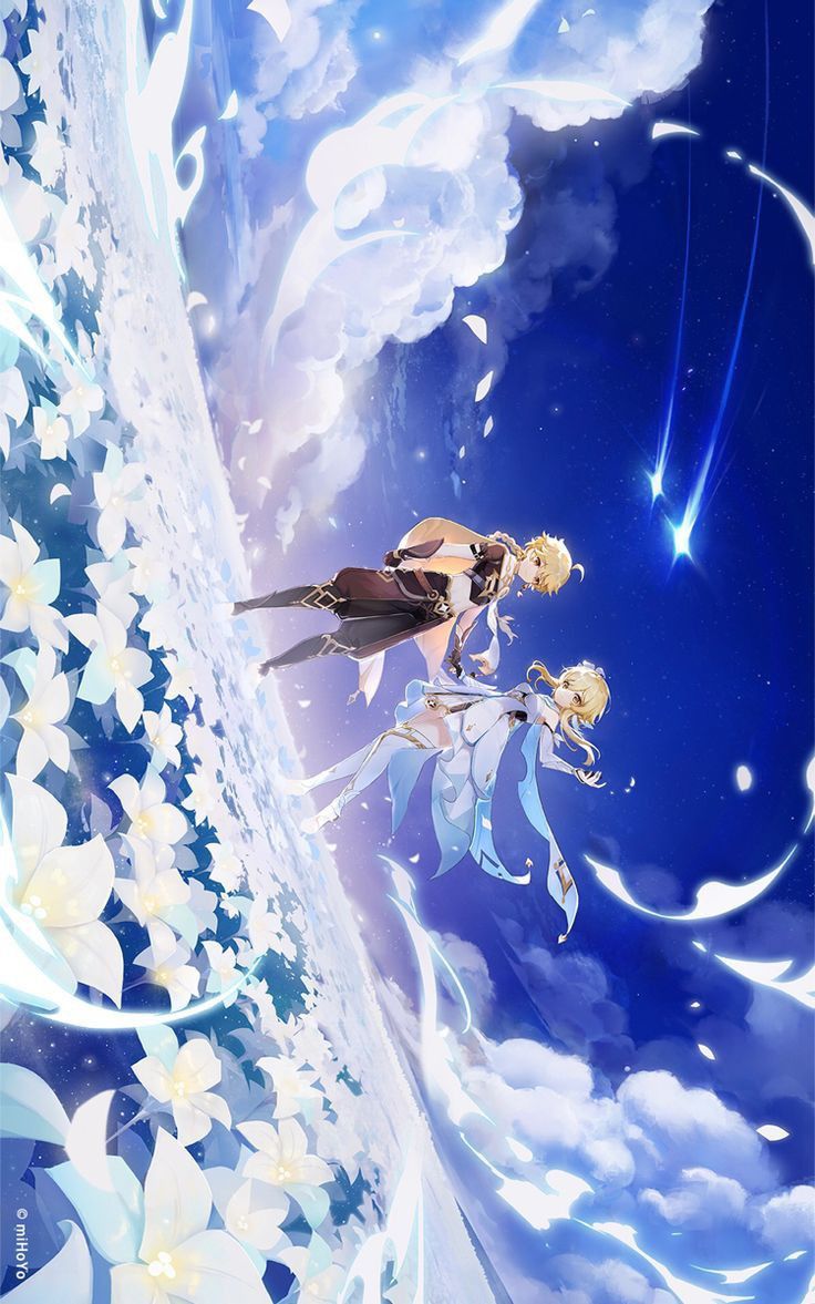 two anime characters flying through the air with clouds and stars in the sky behind them