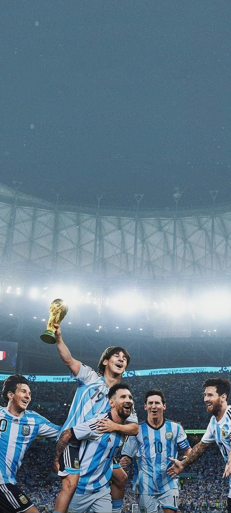 a group of soccer players are celebrating with the trophy in front of an empty stadium