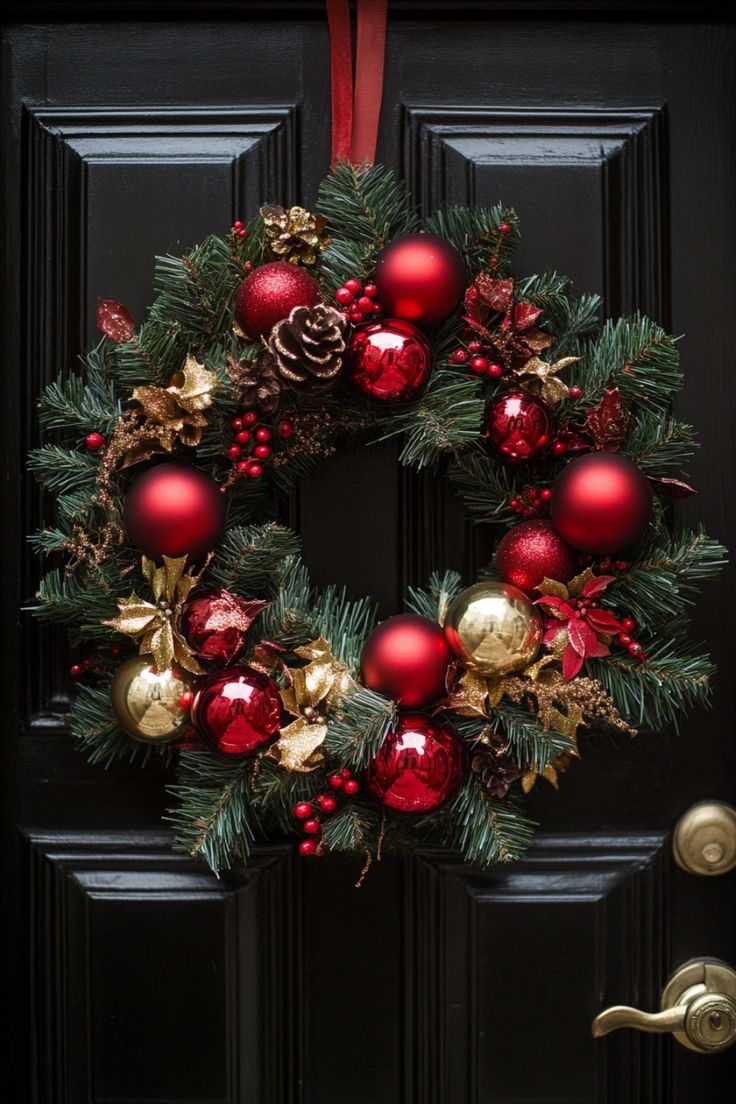 Festive Christmas wreath with red and gold decorations hanging on a black door. Christmas Door Wreaths Ideas, Diy Christmas Wreaths Ideas How To Make, Simple Wreath Ideas, Unique Christmas Wreaths, Live Christmas Wreaths, Easy Diy Christmas Wreath, Evergreen Wreaths, Christmas Reef, Diy Christmas Ball