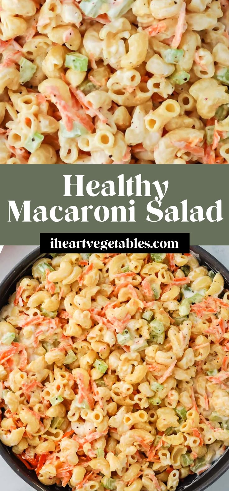 macaroni salad with carrots and green onions in a black bowl