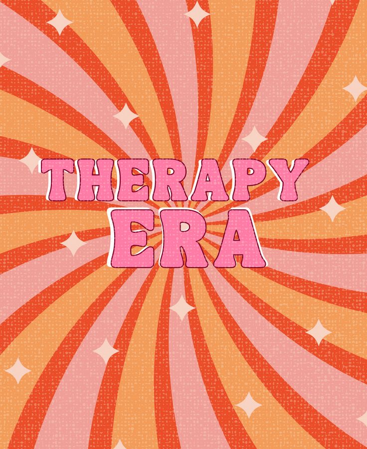 the words therapy era are written in pink and orange with stars around it on an abstract background