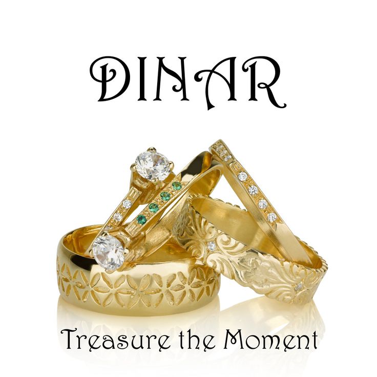 two gold wedding rings with diamonds on them and the words, dinner measure the moment