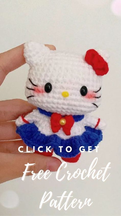 a crocheted hello kitty doll is shown with the text, click to get free crochet pattern