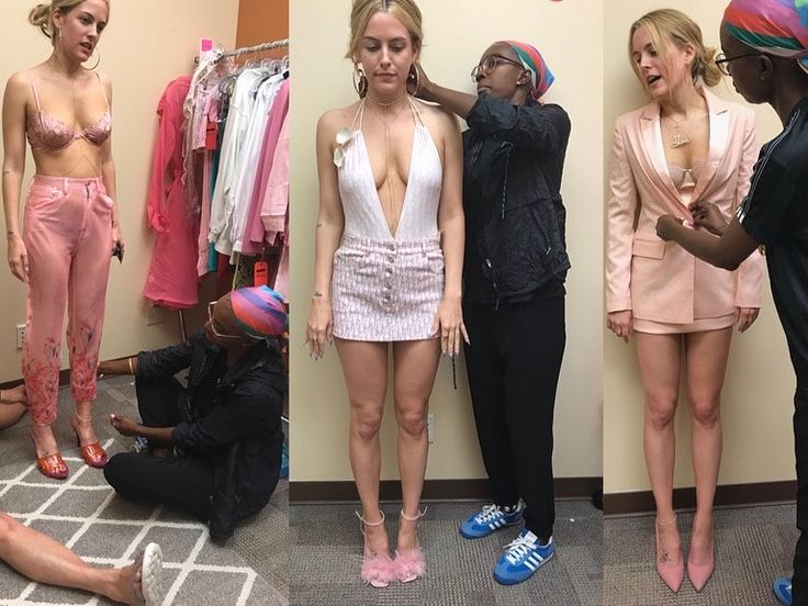 three pictures of two women in pink outfits and one is wearing blue shoes, while the other shows off her bra