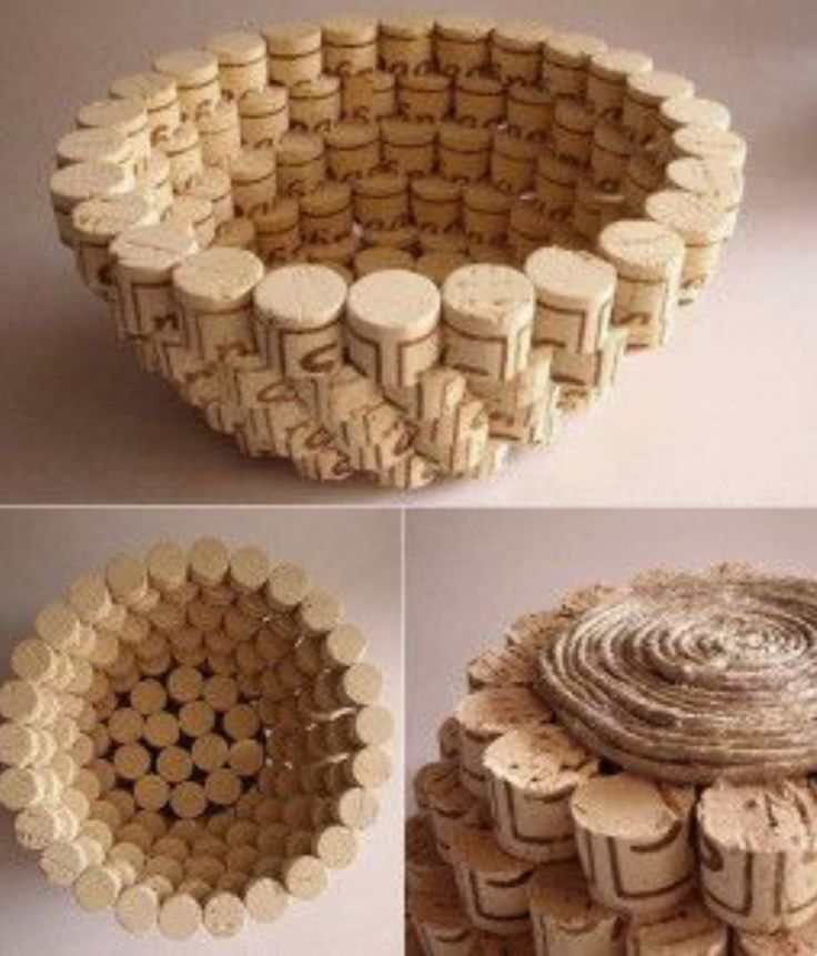 four pictures of different types of wine corks arranged in the shape of a basket