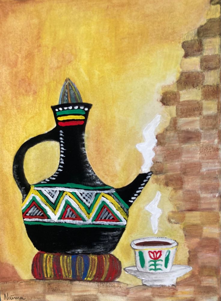 a painting of a black vase and cup on a brick wall with a yellow background