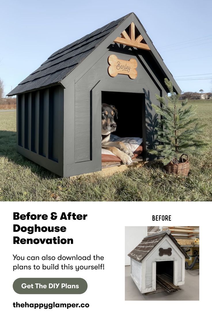 a dog house with the words before and after renovation written on it, you can also download the plans to build this yourself