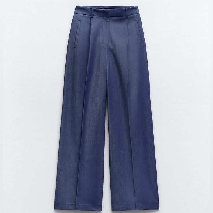 Zara Wide Leg Pants Darts Nwt High Waisted With Front Pleats Front Welt Pockets And Back False Welt Pocket Front Zip Metal Hock And Exterior Button Closure Blue Color M Size Elegant Wide-leg Spring Jeans, Elegant Wide-leg Jeans For Spring, Elegant Spring Wide-leg Jeans, Elegant Denim Bottoms For Workwear, Chic Denim Bottoms For Business Casual, Chic Denim Pants For Business Casual, Elegant Wide Leg Spring Jeans, Elegant High Waist Jeans For Work, Chic Denim Workwear Bottoms