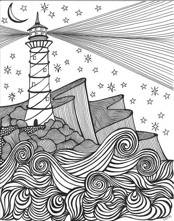 a drawing of a lighthouse with waves and stars in the sky, on top of a hill