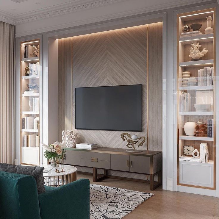 a living room filled with furniture and a flat screen tv on top of a wooden shelf