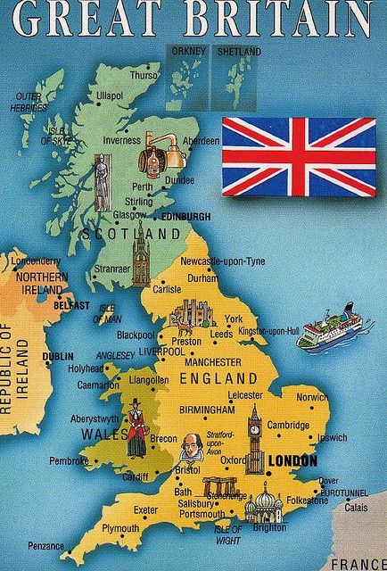 a map of the united kingdom with all its major cities and their flags on it