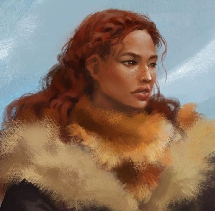 a painting of a woman with long red hair and a fur stole on her neck