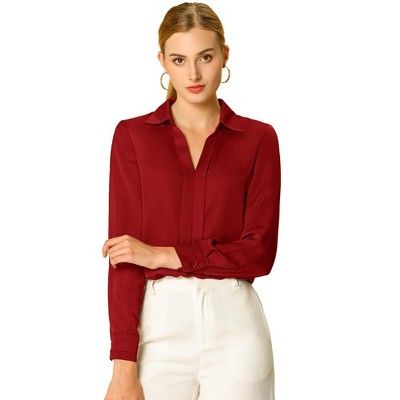 The smooth, soft, and minimalist design updates this collared no-buttons shirt for understated charm. This seriously chic long sleeves shirt is the perfect way to elegantly elevate any outfit. Allegra K simple shirt is an elegant take on a wardrobe classic, featuring a stylish v-neckline. The charm of women is shown perfectly at this moment. Red Formal Blouses, Luxury Red Blouse For Fall, Luxury Solid Color Blouse For Business Casual, Women Work Blouses Long Sleeve, Cheap Sleek Office Blouse, Affordable Classic Blouse With Collar, Affordable Red Business Shirt, Affordable Classic Tops With Spread Collar, Cheap Red Blouse With Relaxed Fit