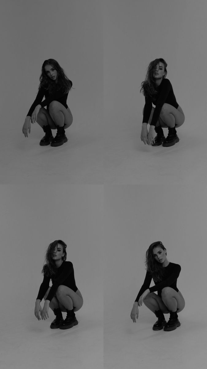 four different poses of a woman in black and white with her hands on her knees