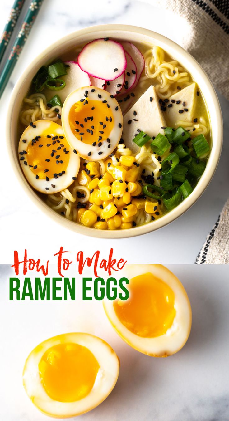 a bowl filled with ramen noodles and hard boiled eggs next to chopsticks