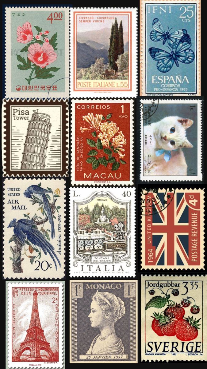 postage stamps with different designs and colors