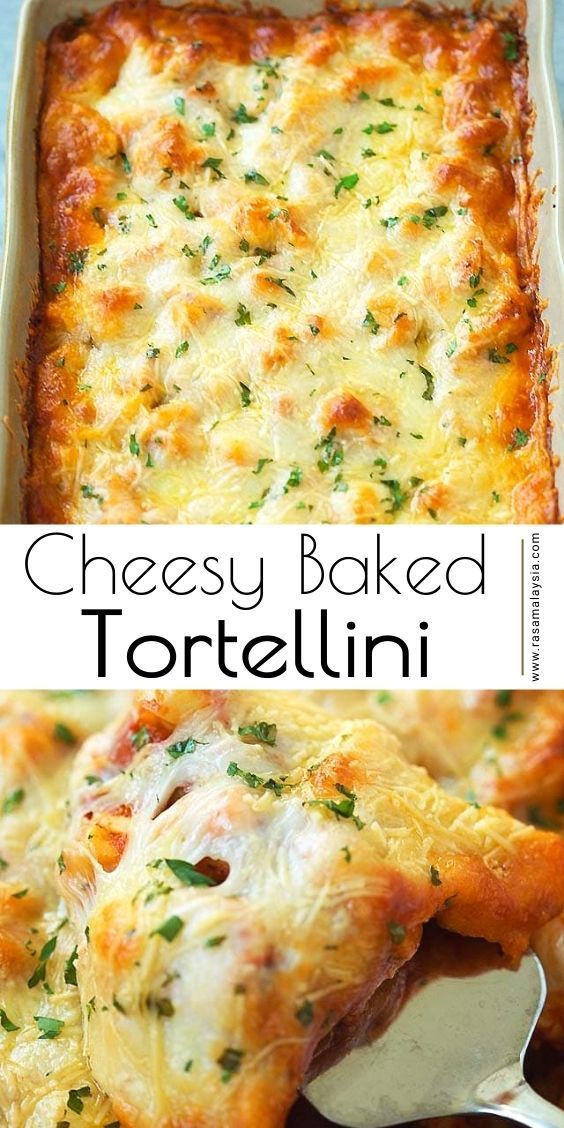 cheesy baked tortellini in a casserole dish