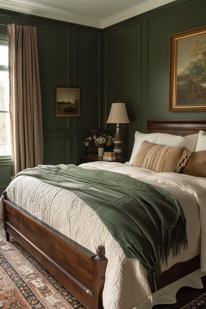 a large bed in a bedroom with green walls and rugs on the floor next to it