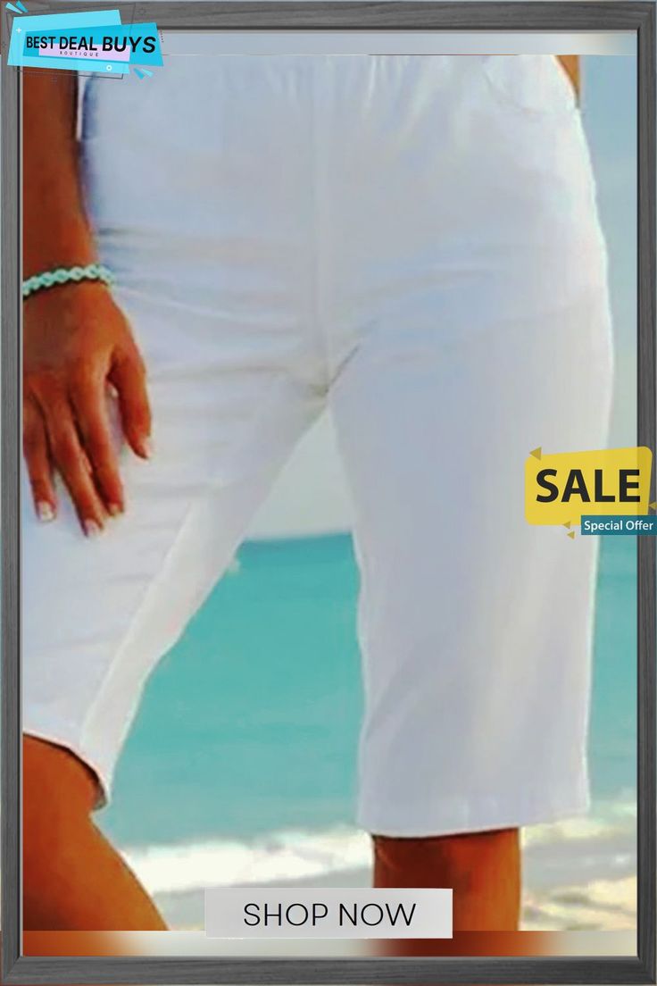 Plain Plus Size Casual Shorts Summer Capris With Built-in Shorts, Solid Bermuda Bottoms For Beach Season, White Bermuda Pants For Summer, White Bermuda Bottoms For Beach Season, Casual Short Leg Capris For Summer, Stretch Short Length Vacation Pants, Short Leg Pants For Beach, Short Summer Cotton Capris, Summer Vacation Short Leg Pants