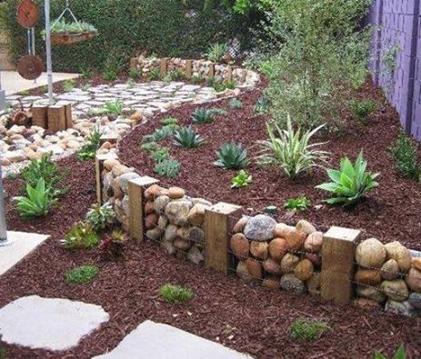 a garden with rocks and plants in the center, along side a fenced area