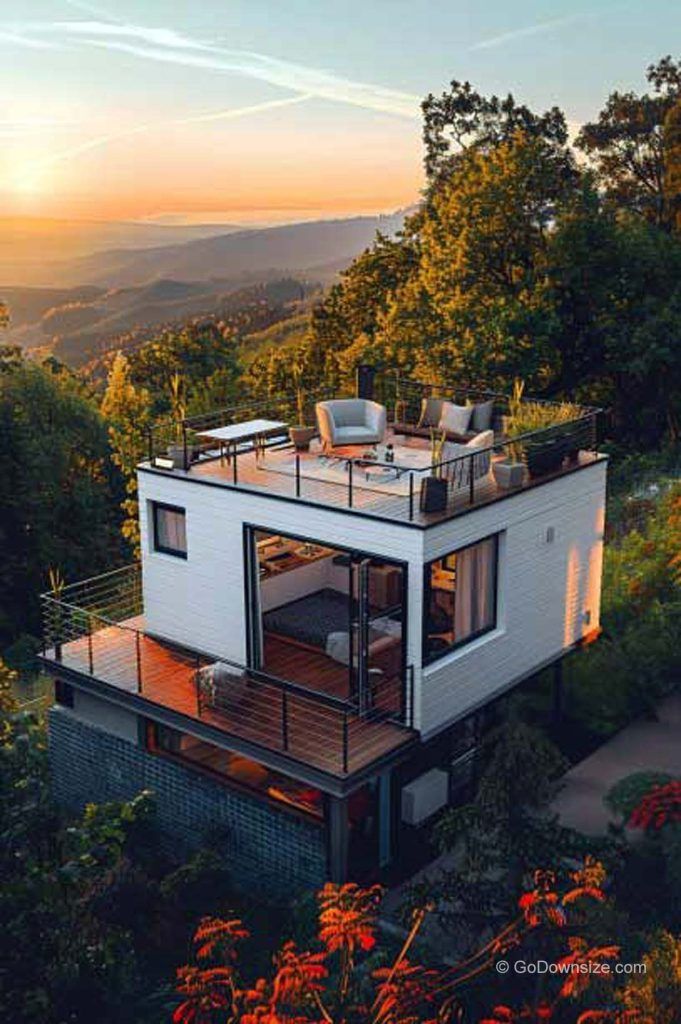 an aerial view of a house in the woods at sunset with mountains and trees in the background