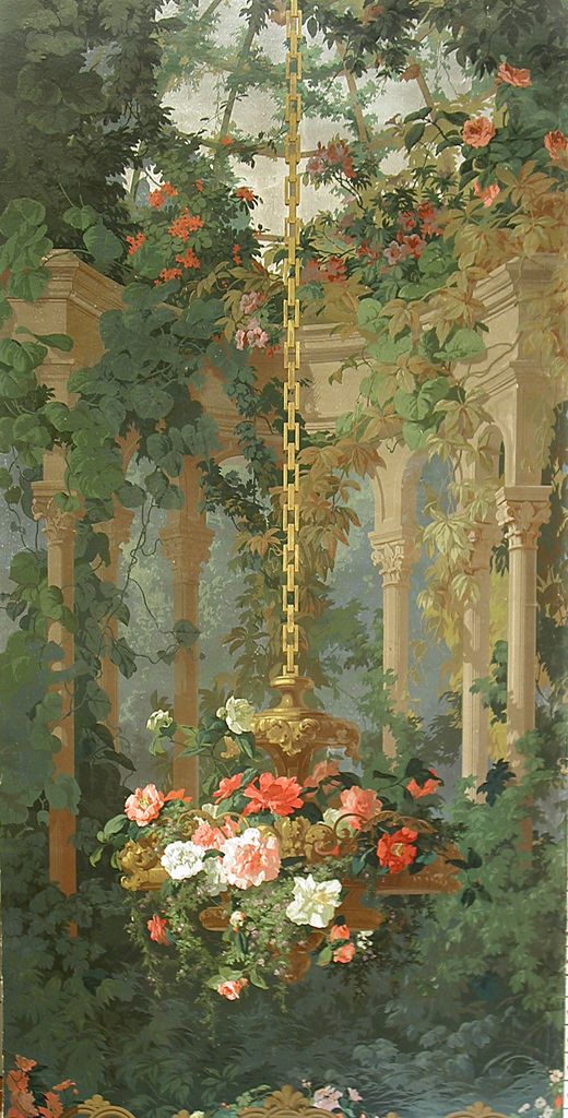 a painting of flowers and greenery in a garden with an ornate chandelier