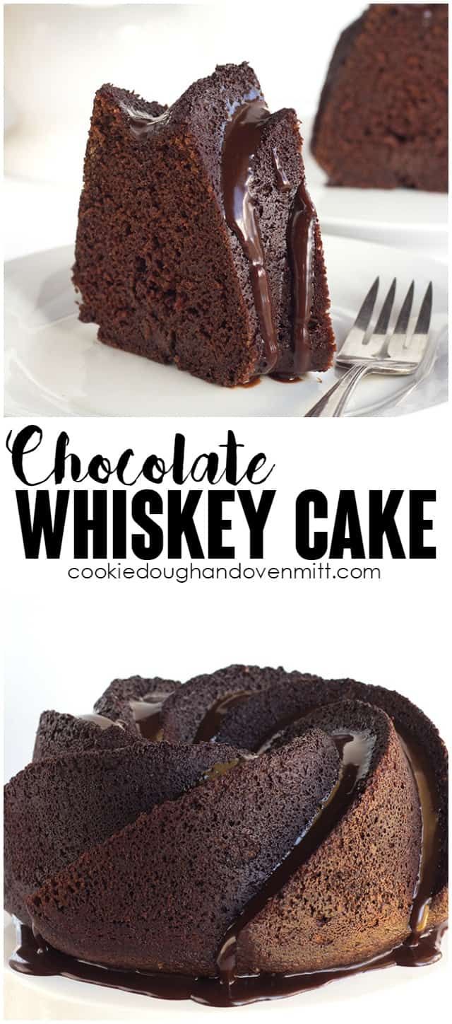 chocolate whiskey cake on a white plate with a fork in the foreground and another slice missing