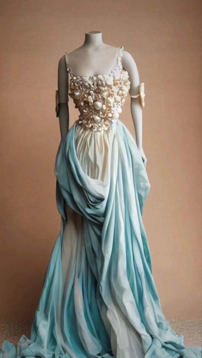 Sea Fantasy Outfit, Acotar Summer Court Dress, Summer Court Fashion Acotar, Ocean Themed Ballgown, Mermaid Queen Dress, Dresses That Look Like Water, Dress Inspired By Water, Summer Court Acotar Outfits, Dresses Inspired By Water